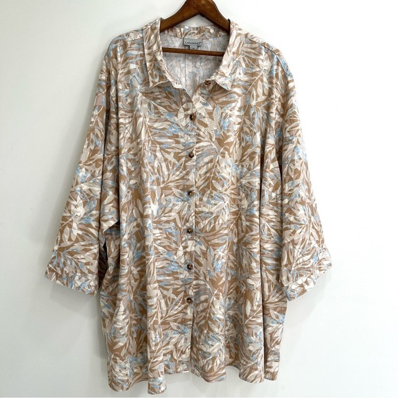 Catherines Tops - Catherine’s linen button front top 3/4 length sleeves tan blue leaf print 6X